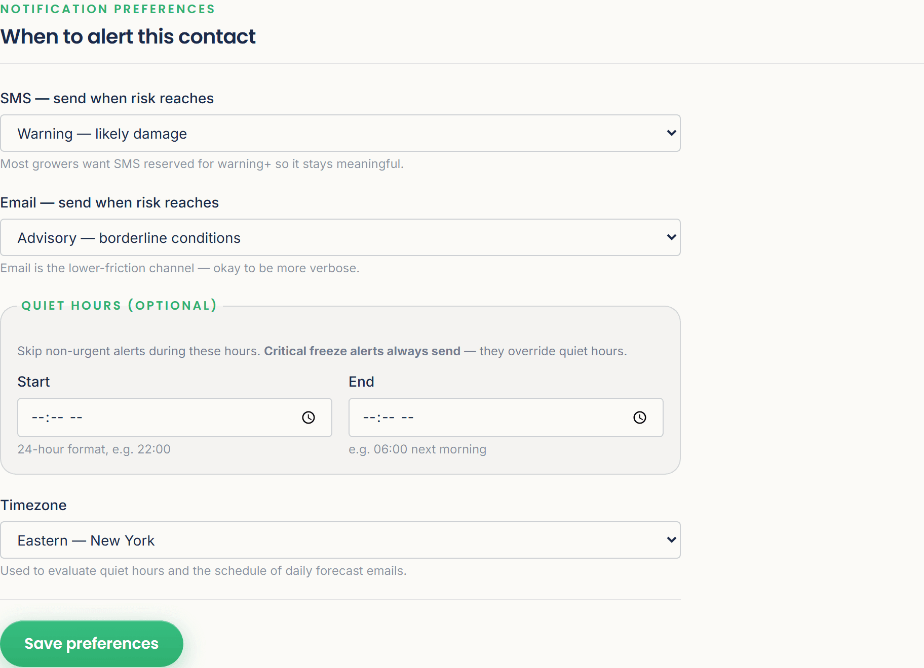 Notification preferences: a grower chooses the minimum risk level that triggers an SMS, plus optional quiet hours and timezone.