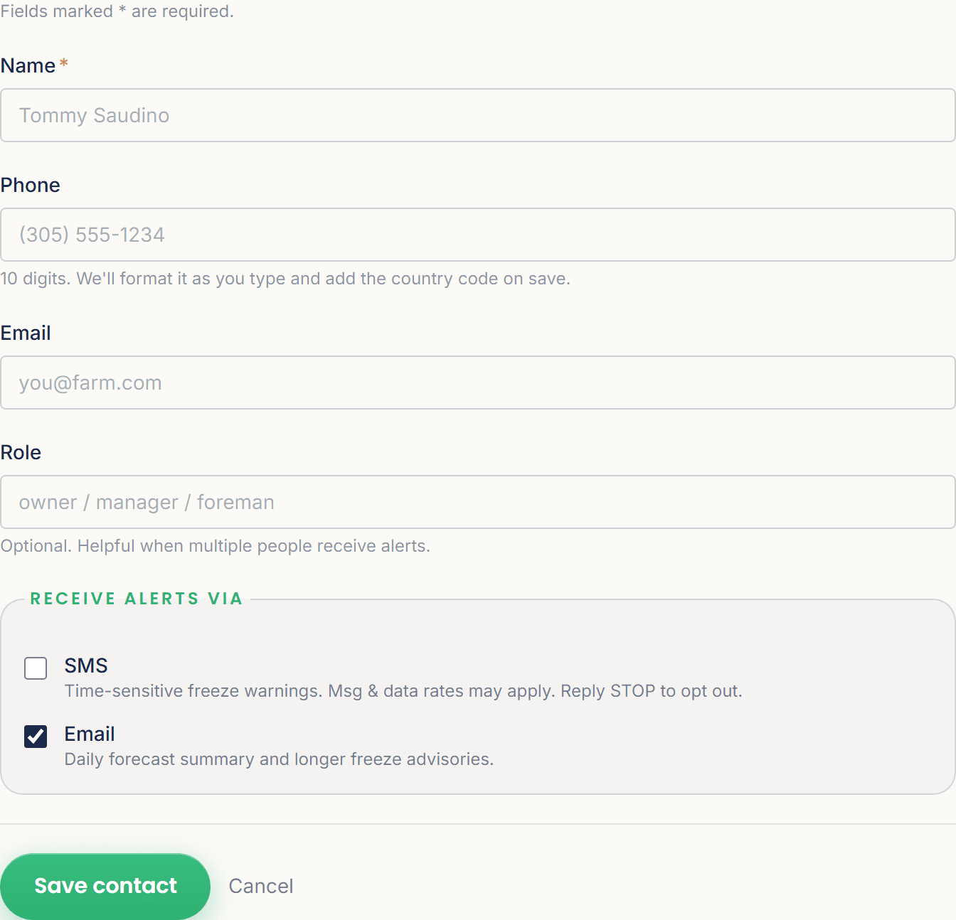 CropStack Weather Contacts form. The SMS opt-in checkbox under 'Receive alerts via' is unchecked by default, with a message-and-data-rates disclosure beside it.